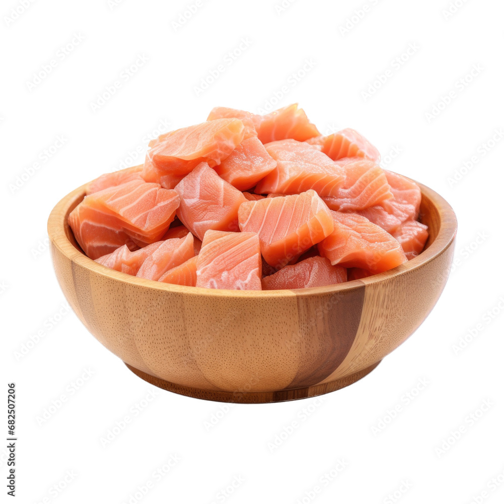Sushi-grade fish/meat in a wooden bowl in an isolated and transparent PNG in an oriental food-themed, photorealistic illustration. Generative ai Sushi-grade fish/meat in a wooden bowl in an isolated and transparent PNG in an oriental food-themed, photorealistic illustration. Generative ai