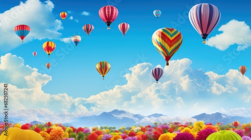  a bunch of hot air balloons flying in the sky above a field full of flowers and a mountain range in the distance with a blue sky with puffy clouds.