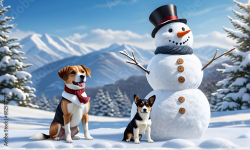 Winter scenery with a snowman and dogs. Generative AI