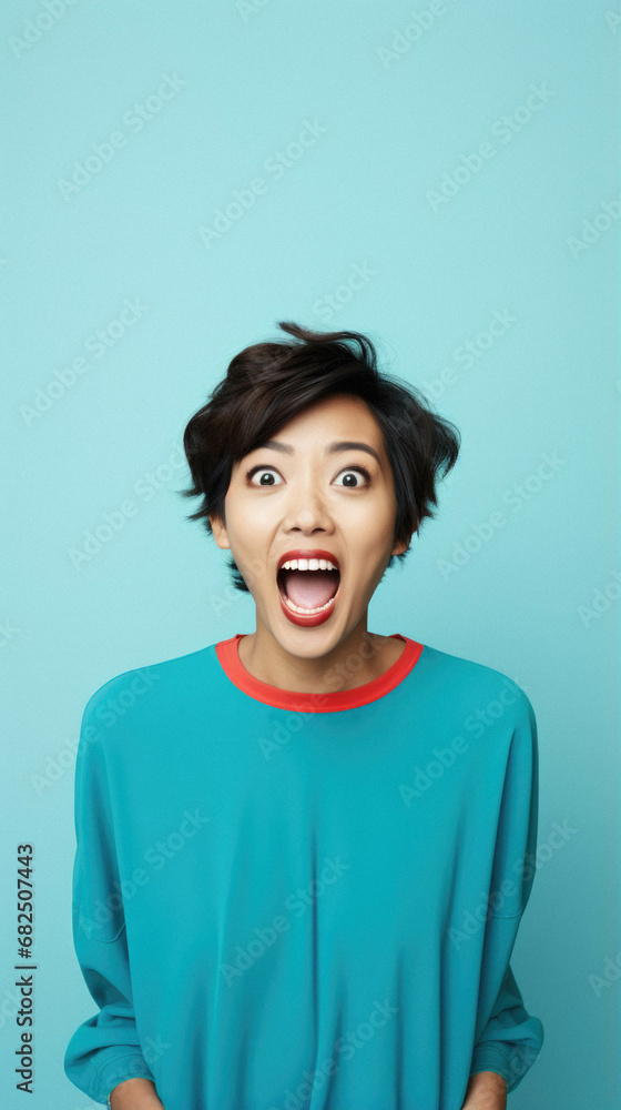 Portrait of young asian woman with open mouth, shouting at something with open eyes, standing over blue background. Portrait of young asian woman with open mouth, shouting at something with open eyes, standing over blue background.