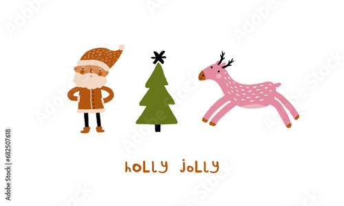 Holly Jolly. Christmas Vector Card. Hand Drawn Santa Claus, Christmas Tree and Reindeer Isolated on a White Background.Infantile Style Christmas Illustration.Crayon Drawing-Like Xmas Card. RGB.