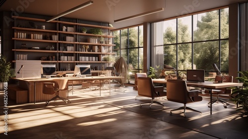 Contemporary Professional Office Interior with Wooden Furniture and Large Windows