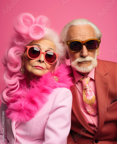 An elderly loving couple on valentine day in vivid pink outfit, grandparents warm themselves with love, hugs and laughter. A love that lasts forever.