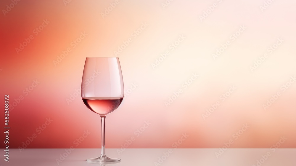  a glass of wine sitting on top of a table next to a red and white background with a blurry wall in the backgrouch of the glass.