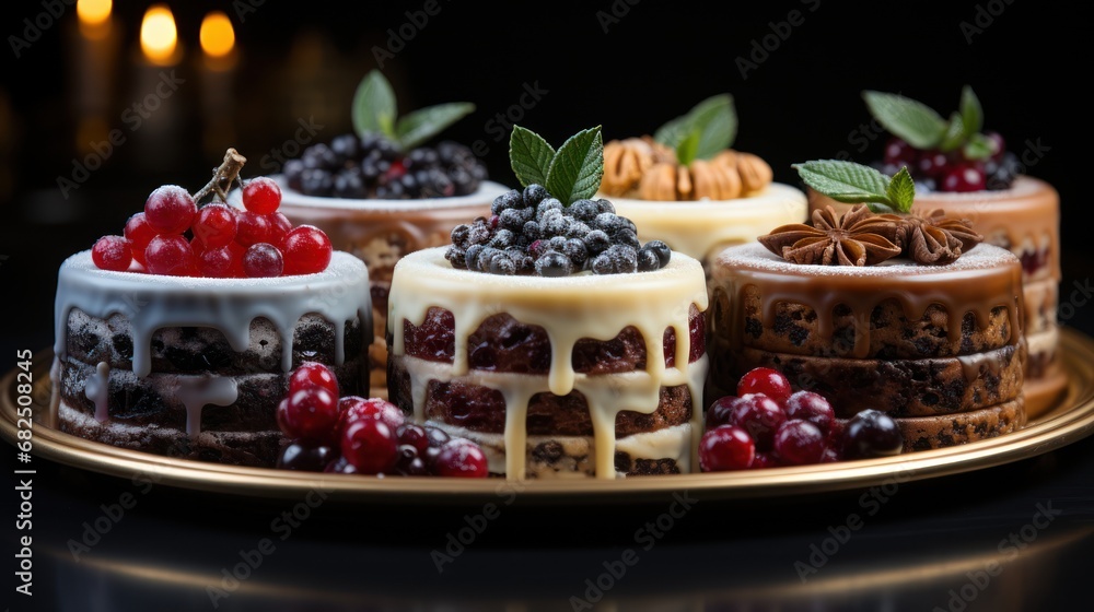  a close up of a cake on a plate with berries on the top of the cake and nuts on the bottom of the cake and on the bottom of the cake.