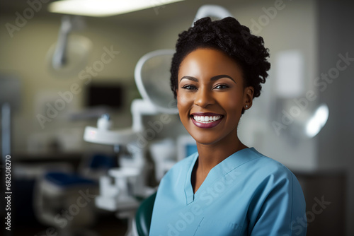 Smiling women dentist at work. Women dentist in her office. Black man. African American. Work. AI.