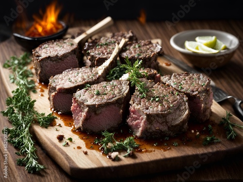 Gourmet lamb dish on a plate with fresh herbs