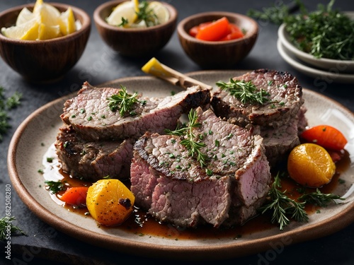 Gourmet lamb dish on a plate with fresh herbs