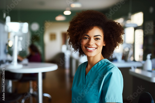 Smiling women dentist at work. Women dentist in her office. Black man. African American. Work. AI. photo