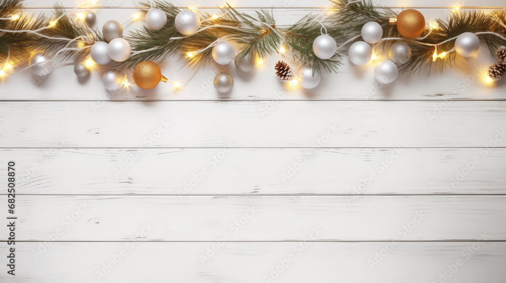 Christmas background with fir branches, lights and decorations on white wooden planks Christmas background with fir branches, lights and decorations on white wooden planks