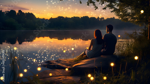 Couple in love on the beach or riverside, watching the night sky and water with firefly lights. Sunset, night, stars. dreamlike