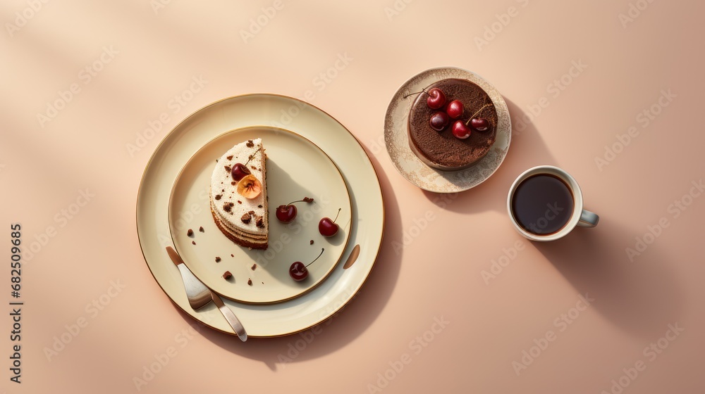 a plate with a piece of cake on it next to a cup of coffee and a plate with a piece of cake on it next to a plate with a piece of cake on it. a plate with a piece of cake on it next to a cup of coffee and a plate with a piece of cake on it next to a plate with a piece of cake on it.