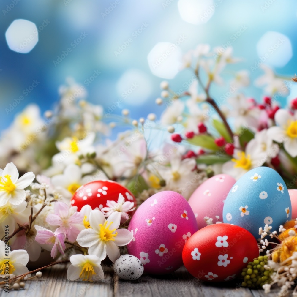 A beautiful background with colorful Easter eggs and blooming spring flowers,