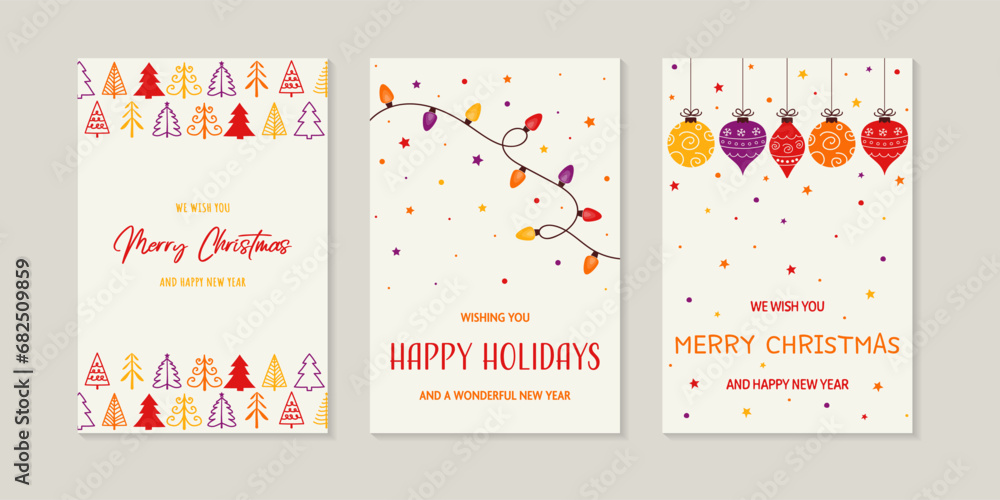 Hand drawn Christmas tree, ball and lights. Different greeting card set. Vector illustration