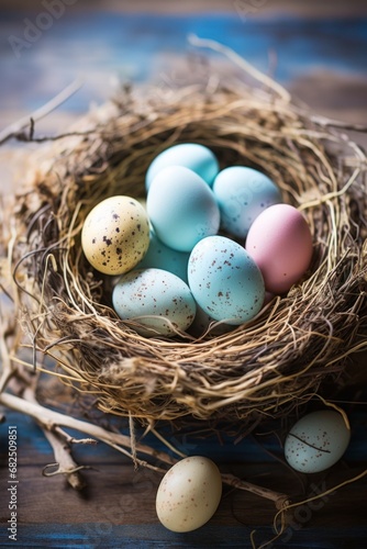 A rustic, natural background with a bird's nest filled with speckled Easter eggs