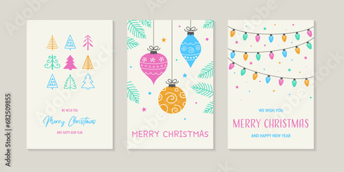 Decorative Christmas greeting cards with hand drawn elements. Vector illustration