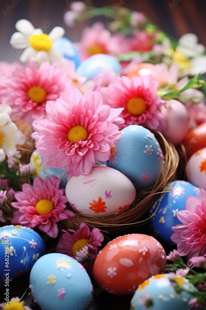 A beautiful background with colorful Easter eggs and blooming spring flowers, A beautiful background with colorful Easter eggs and blooming spring flowers,
