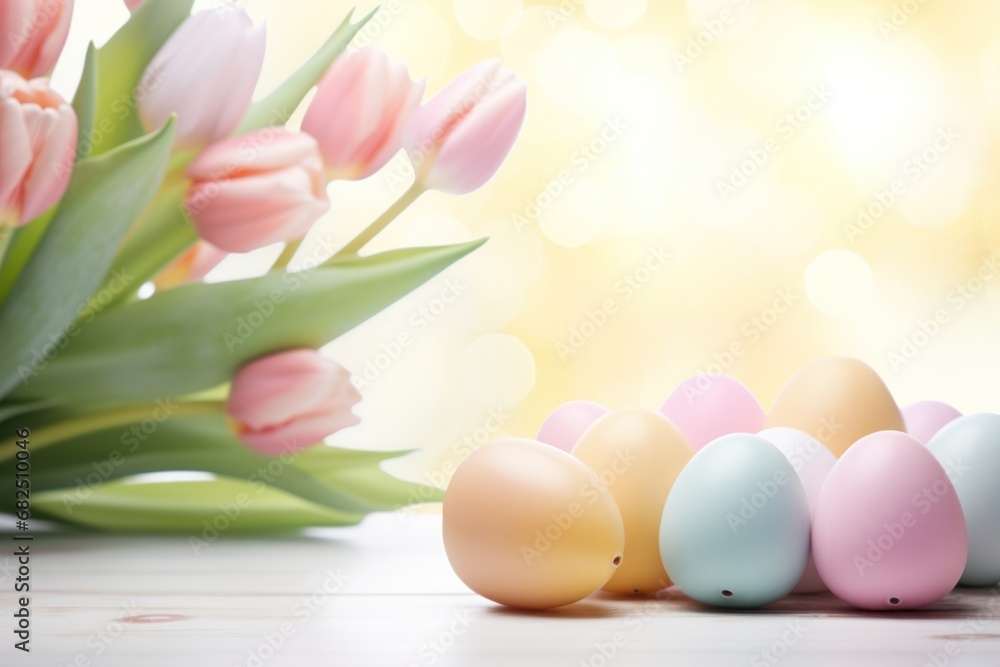 Fototapeta premium An elegant background featuring pastel-colored Easter eggs and beautiful tulips,