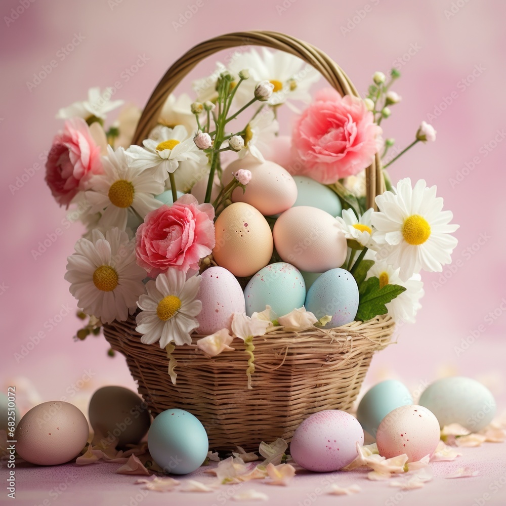 Easter basket filled with eggs andfluttering butterflies, set against a light pink background Easter basket filled with eggs andfluttering butterflies, set against a light pink background