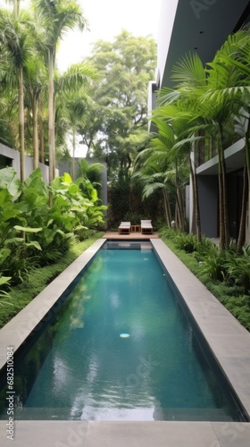 contemporary garden with a long, narrow pool surrounded by lush greenery