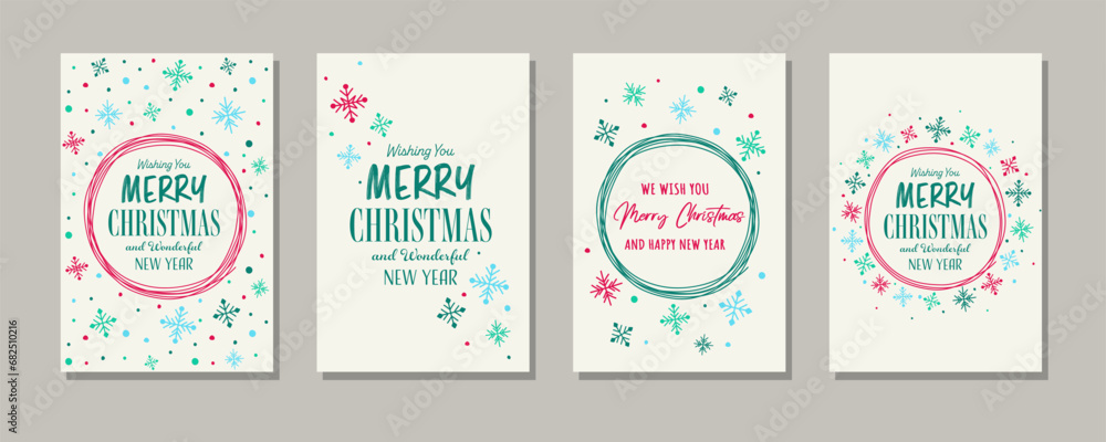Hand drawn Christmas greeting card set with snowflakes. Vector illustration