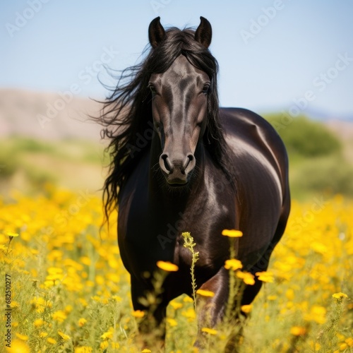 A striking black horse with glossy coat and piercing eyes  standing in a field of wildflowers
