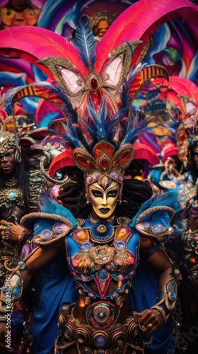 group of carnival-goers dressed in elaborate costumes, set against a lively carnival backdrop