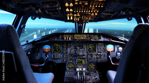 cockpit of an airplane, showing the instruments and controls up close