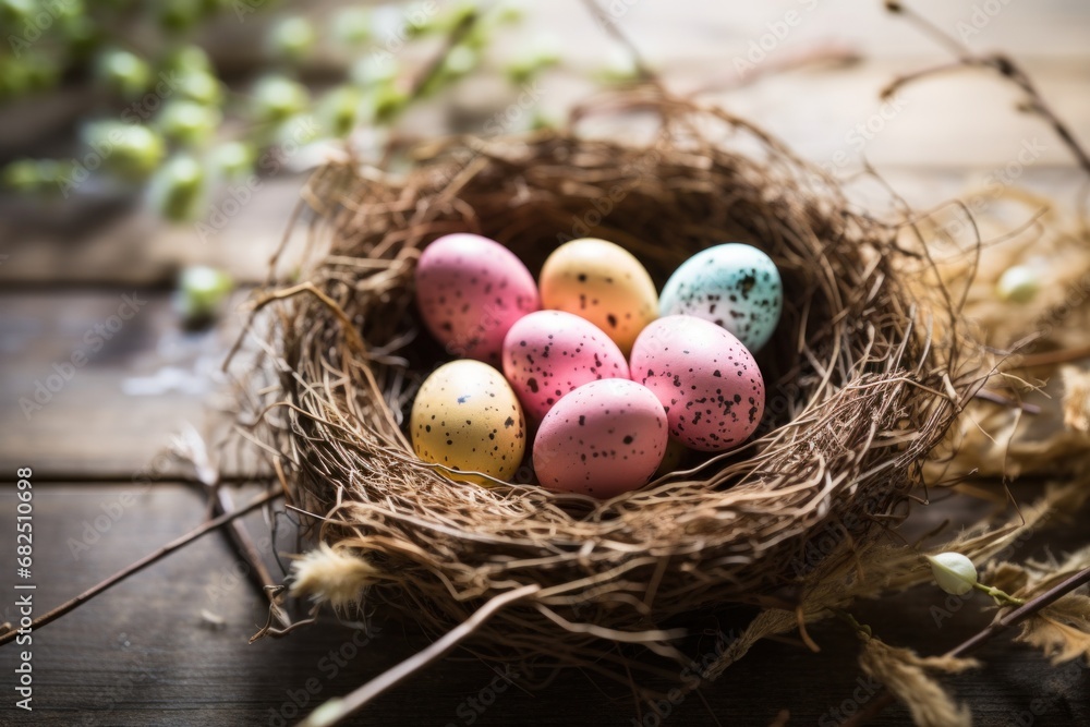 A rustic, natural background with a bird's nest filled with speckled Easter eggs A rustic, natural background with a bird's nest filled with speckled Easter eggs