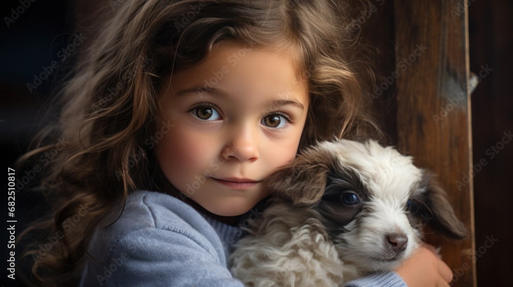 An adorable shot of a little girl hugging a baby goat, both of them looking into the camera An adorable shot of a little girl hugging a baby goat, both of them looking into the camera