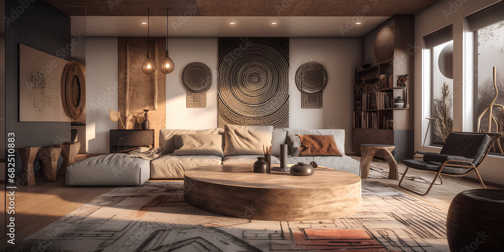Obraz na płótnie African style interior. Modern living room in luxury house with ethnic decor. w salonie