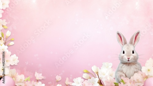 pink background with a cute and whimsical Easter bunny in the center, surrounded by spring flowers