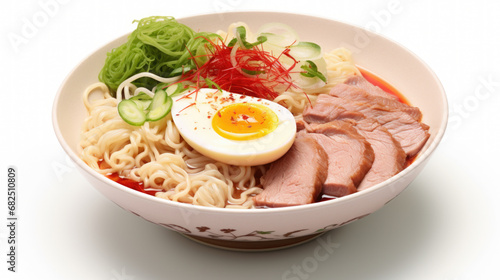 Ramen soup with chicken, noodles, spinach and soft egg on a white background.