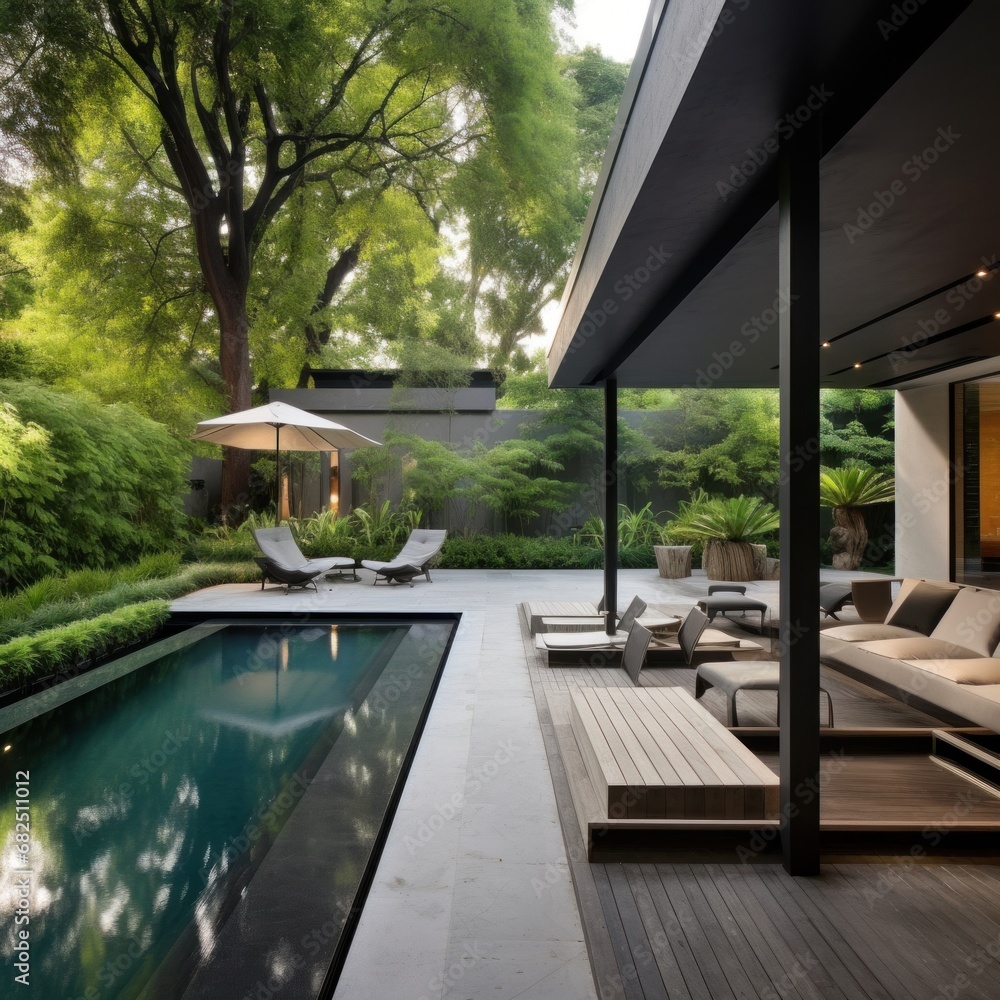 contemporary garden with a long, narrow pool surrounded by lush greenery