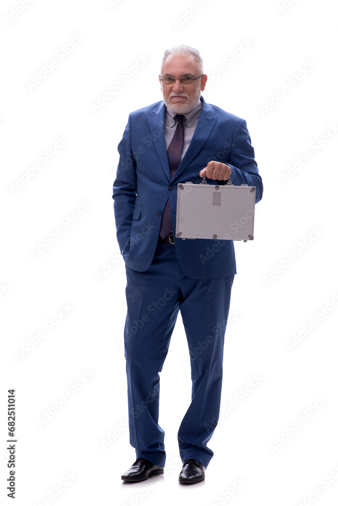 Old businessman holding case isolated on white Old businessman holding case isolated on white