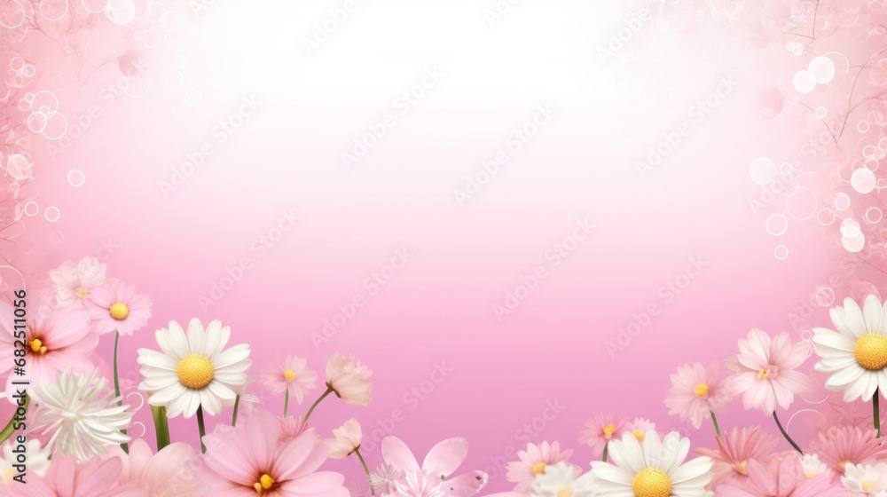 pink background with a cute and whimsical Easter bunny in the center, surrounded by spring flowers