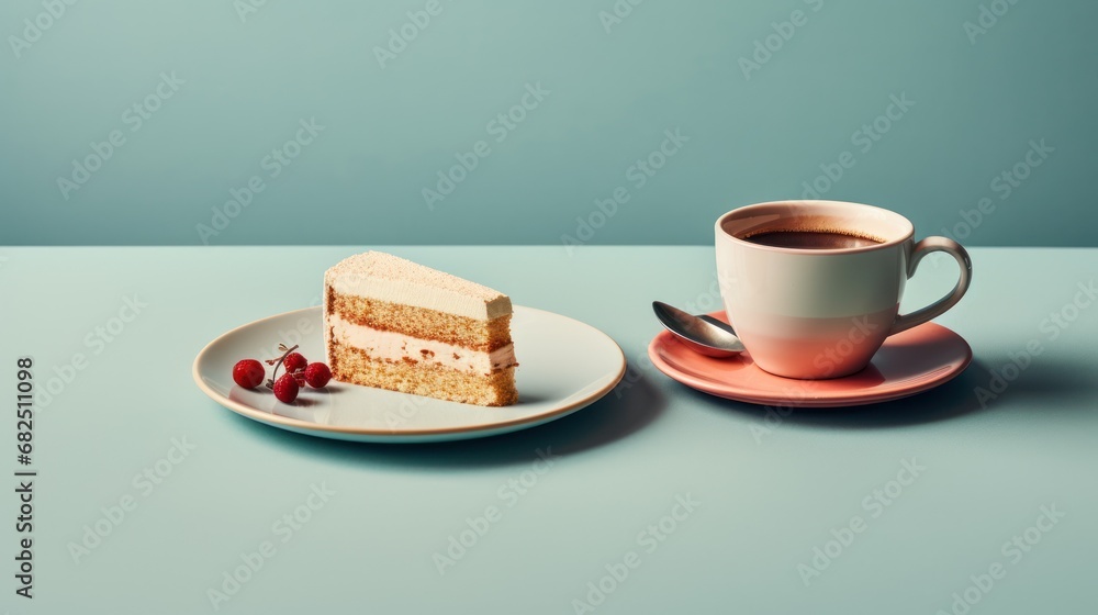 a piece of cake sitting on top of a plate next to a cup of coffee and a plate with a piece of cake on top of cake on a plate. a piece of cake sitting on top of a plate next to a cup of coffee and a plate with a piece of cake on top of cake on a plate.