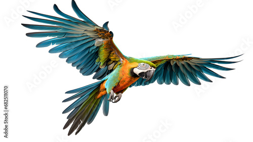 military macaw spread open wings flying isolated on white back ground. This has clipping path. photo