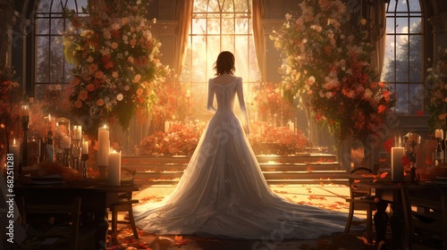  a painting of a woman in a wedding dress standing in front of a set of stairs with flowers and candles on either side of her, looking out of a window.