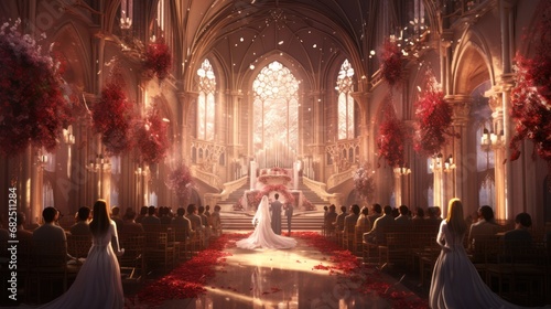  a painting of a bride and groom at the alter of a church with rose petals on the floor and the bride and groom standing at the end of the aisle.