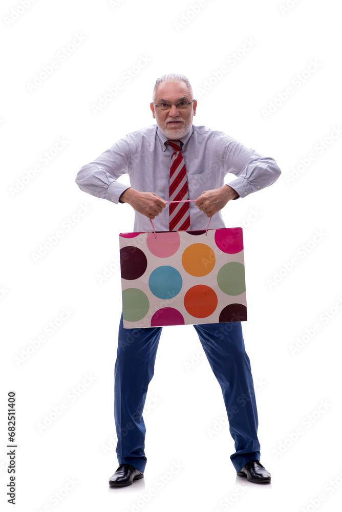 Old businessman holding bag isolated on white Old businessman holding bag isolated on white
