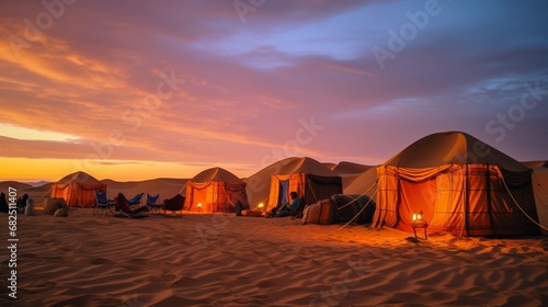 A nomadic desert campsite with colorful tents amidst the golden sand dunes.
