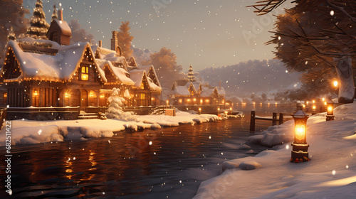 snowy christmas village and water scene, in the style of golden hues, photorealistic rendering, dark orange and light gold, repetitive, cabincore, light-filled, rtx on