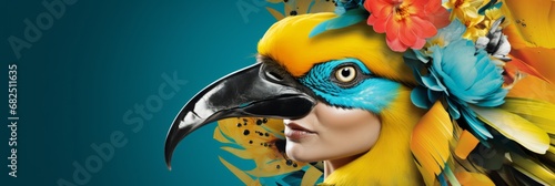 Fashionable bright girl in a toucan mask, high fashion, fashion magazine cover