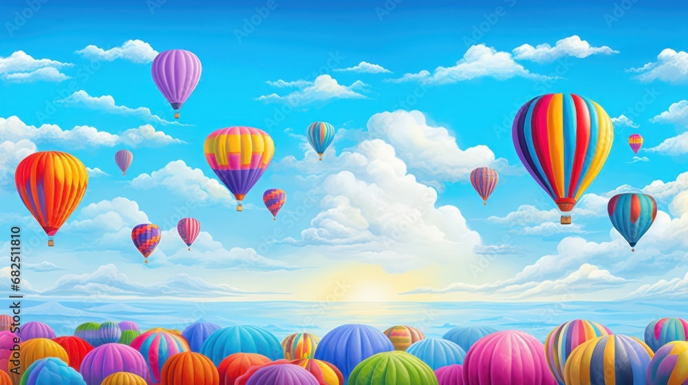 Fototapeta premium a painting of many colorful hot air balloons flying in the sky above a field of grass and trees, with a blue sky with clouds and sun in the background.