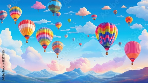  a painting of many hot air balloons flying in the sky above a mountain range in a blue sky with white clouds and a blue sky with a few white clouds.