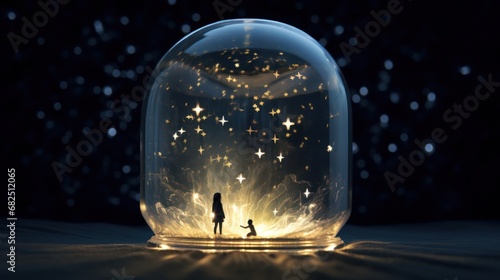  a glass dome with a silhouette of a person and a child under a star filled sky filled with stars, on a table in front of a dark background of stars.
