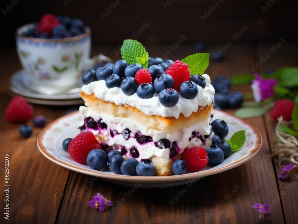 Homemade blueberry cake with whipped cream and fresh berries on wooden background Homemade blueberry cake with whipped cream and fresh berries on wooden background