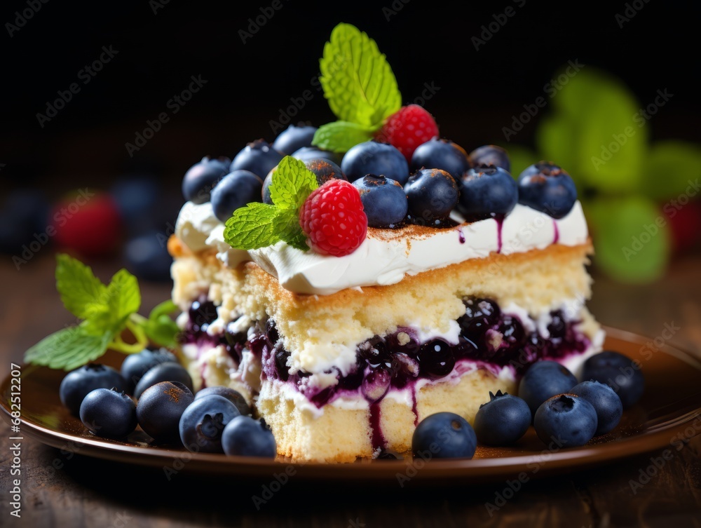 Homemade blueberry cake with whipped cream and fresh berries on wooden background