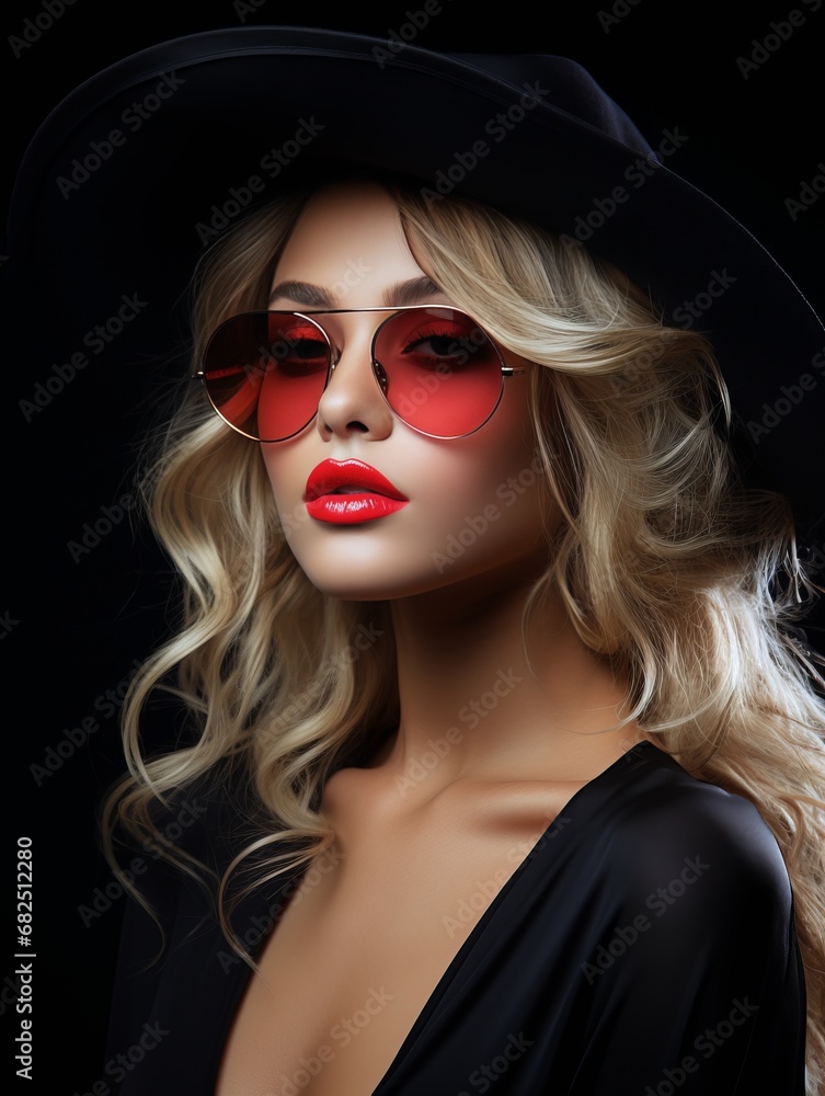 portrait of a beautiful girl in a hat and sunglasses on a black background